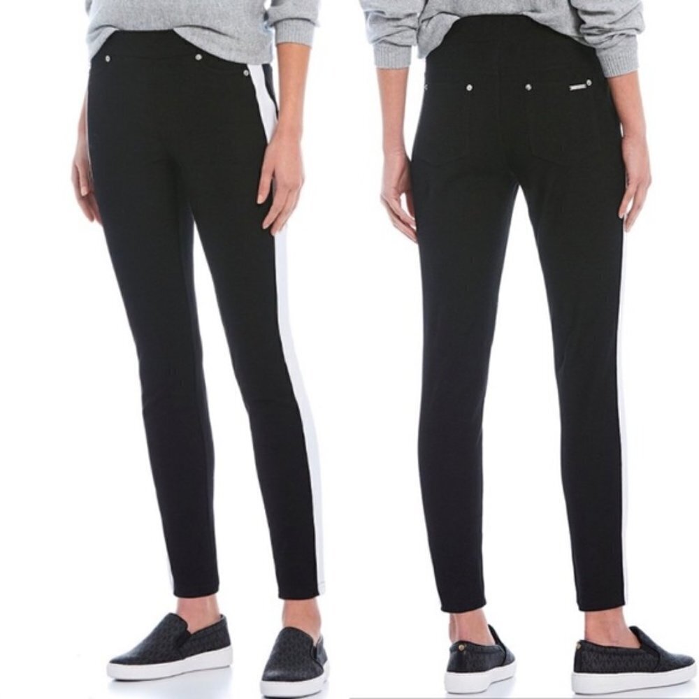 NEW MICHAEL Michael Kors Black & White Stretch Side Stripe Leggings Sz. XS
